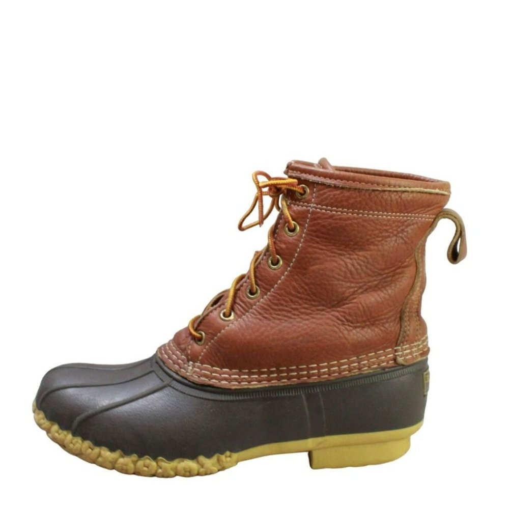 LL Bean Brown Leather Lace Up Plaid Lined Ankle Duck Boots Size 9 M - Picture 1 of 9